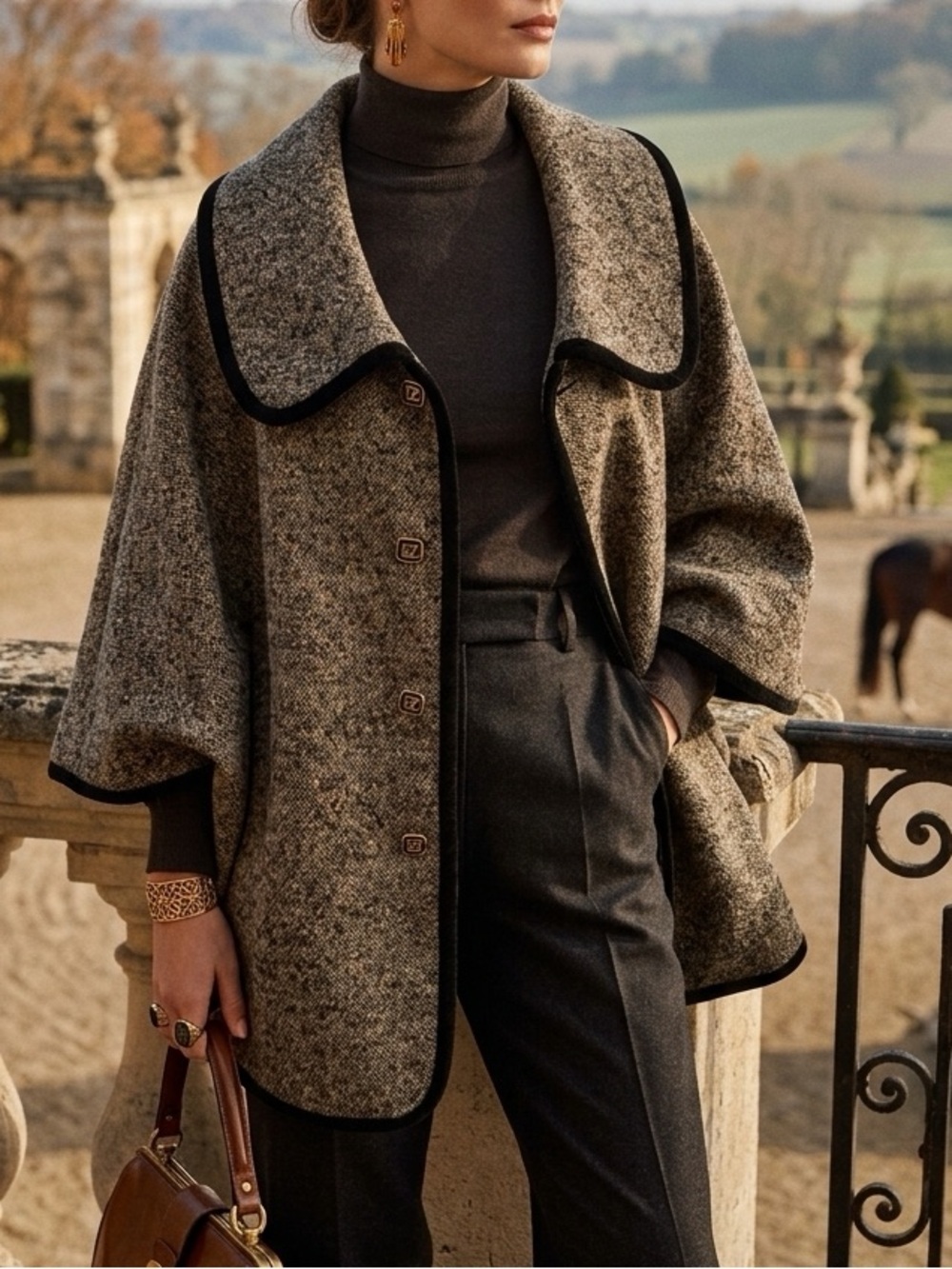 Vintage Tweed Cape / Poncho with Black Trim and buttons